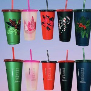 Starbucks 2021 Holiday 5 Reusable Cold Cups With Lids & Straws 24oz Venti